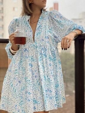 Zara Floral Print Poplin Babydoll Dress Medium